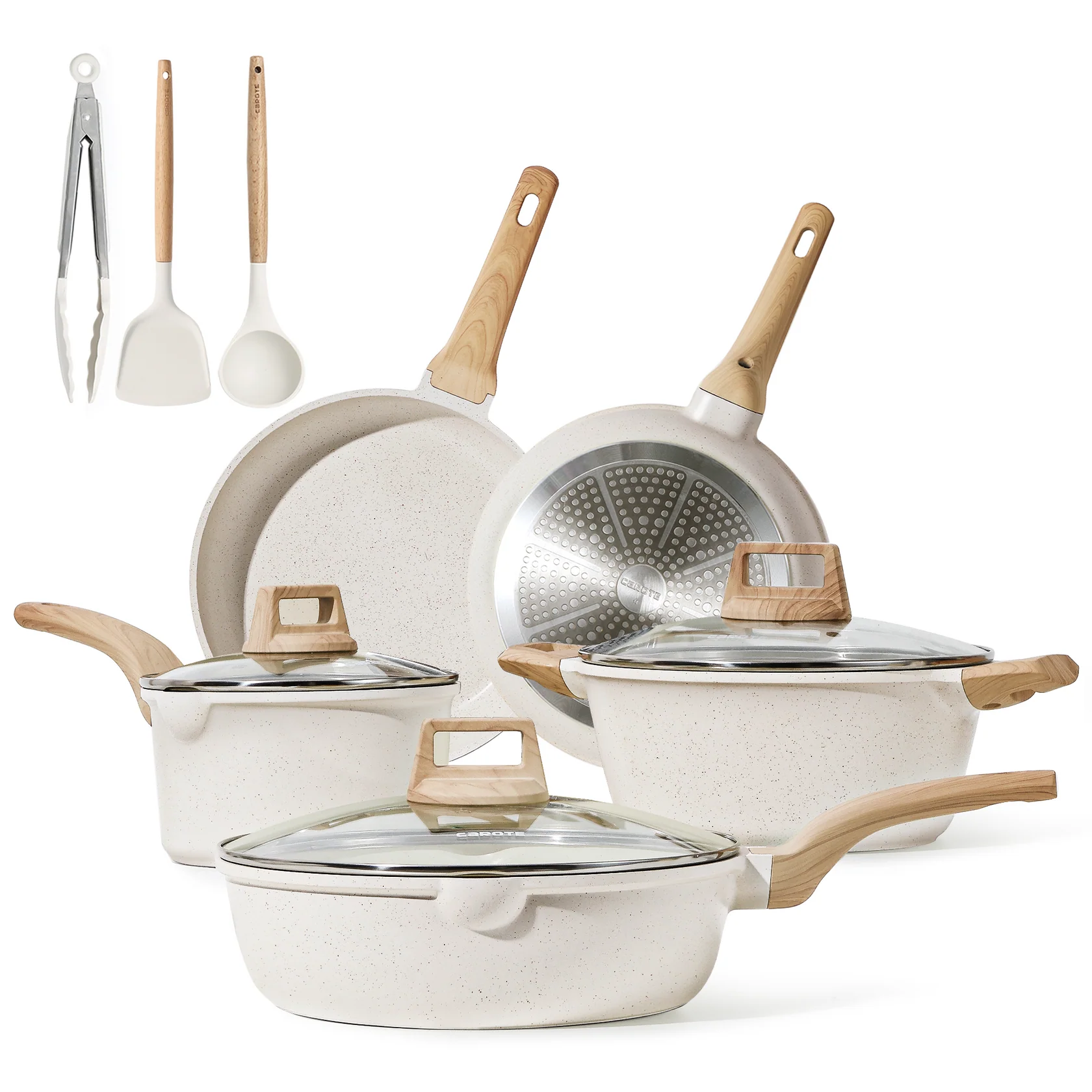 CAROTE 11-Piece Nonstick Cookware Set, Non Stick Cooking Set - White Granite